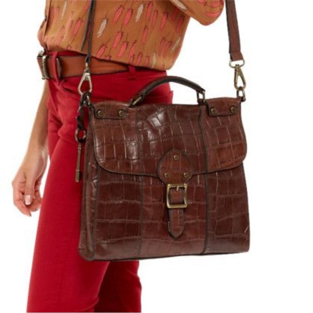 FOSSIL Rich Brown Crocodile-Embossed Leather Handbag/saddle bag with dust bag